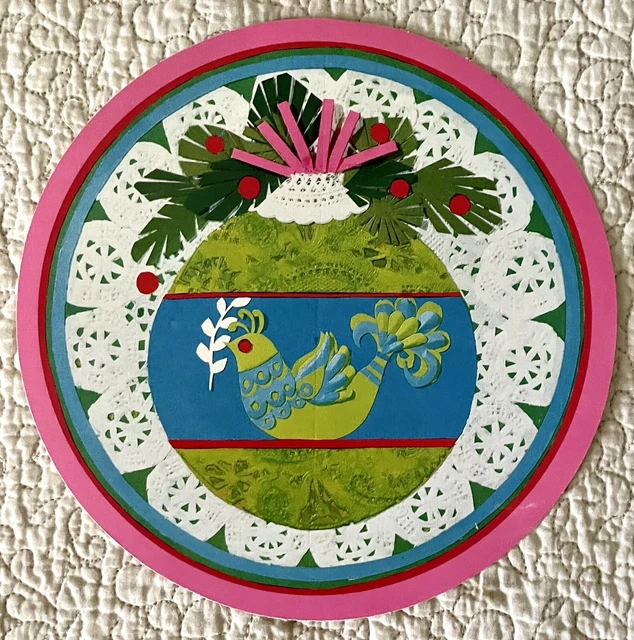 Unused Christmas Ornament Retro Mod Vintage Round Greeting Card 1960s 1970s