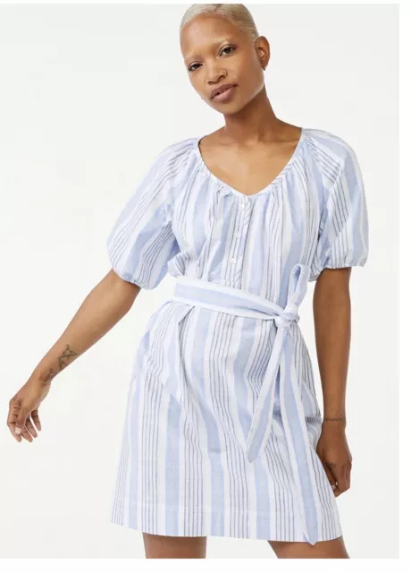 Free Assembly Blue White Stripe Cotton Chambray Short Shirt Dress Size Small