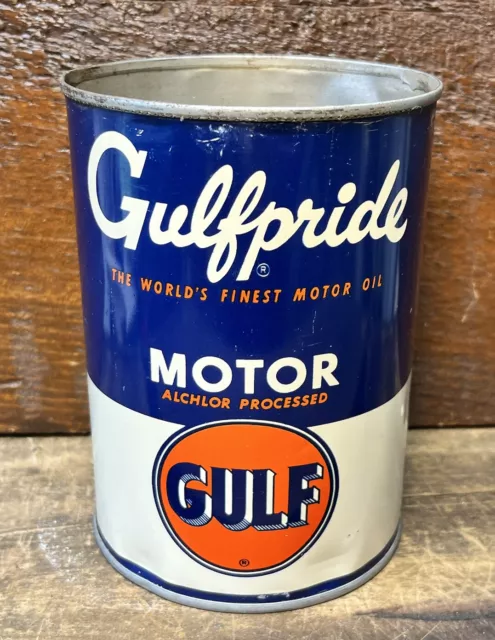 Vtg 1940s 50s GULF Gulfpride Motor Oil 1 Quart Oil Can Tin Gulf Gas & Oil