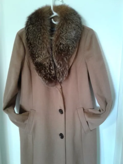 Ellen Tracy camel Color Wool winter Coat with Real Fox Fur Collar size 14