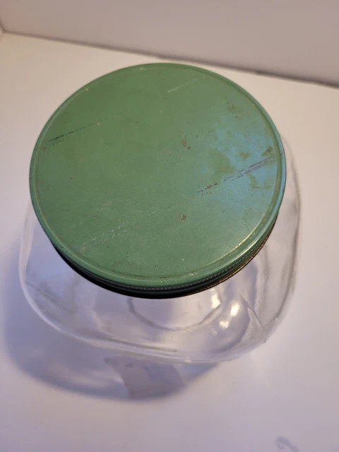 VTG Hoosier Style Jar 1 Gallon Storage Canister Square Glass  Green Lid.