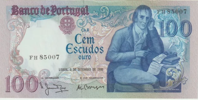 Portugal 100 Escudos Banknote,2.9.1980 Uncirculated Cond,P#178-A"Manuel Bocage"