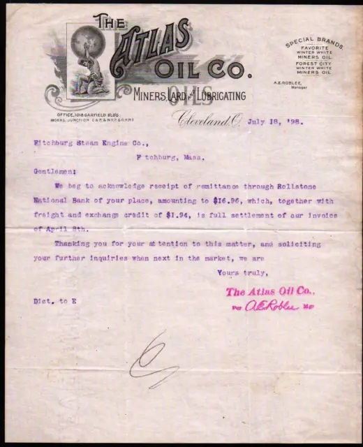 1898 Cleveland -  Atlas Oil Co - Miners Lard Lubricating - Vintage Letter Head