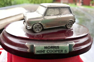Mini Cooper  Solid Pewter Model Car Handcrafted On Wooden Display Plinth
