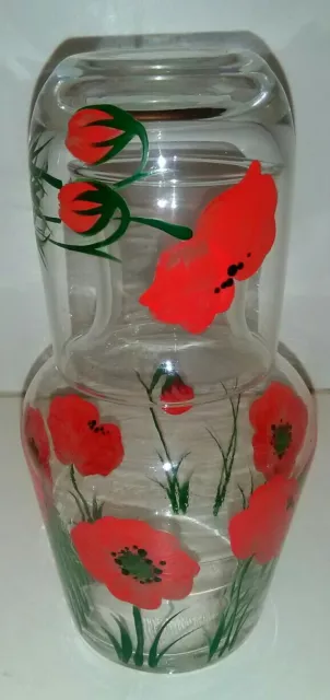 Beautiful Decanter & Glass Tumble Up Set With Handpainted Poppies - Water Carafe