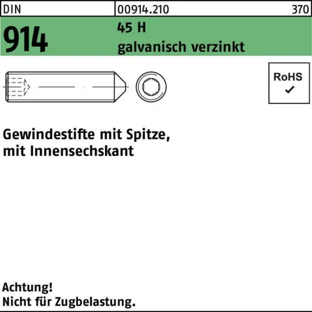 Gewindestift DIN 914 m.Spitze/Innensechskant M 16 x 20 45 H galvanisch verzinkt