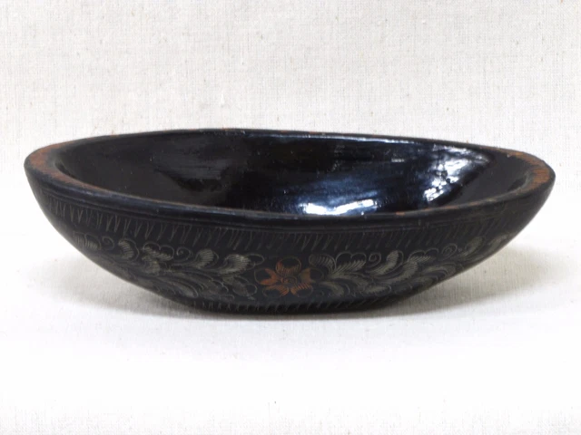 Antique Vintage Burmese Thai Hand Carved & Painted Lacquered Wood Offering Bowl 2