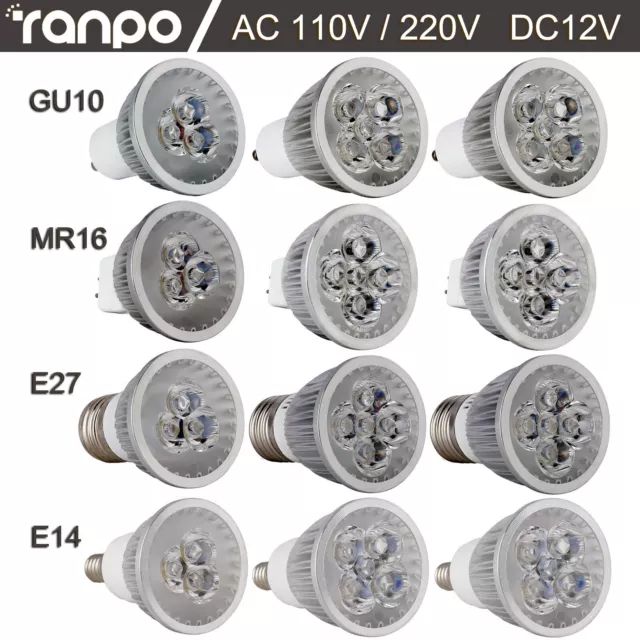 1/10PCs LED Regulable Luz Foco Bombillas GU10 MR16 E27 E14 9W 12W 15W 220V 12V