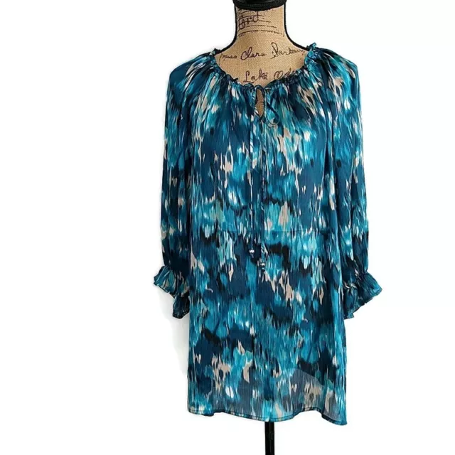 Susan Graver Womens sz M Top Blue Watercolor Semi Sheer Long Sleeve Keyhole Neck