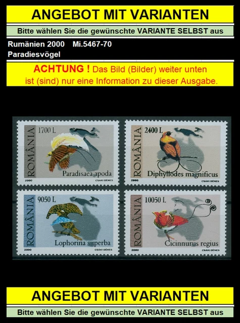 Rumänien 2000 Tiere,Vögel,Paradiesvögel,Kragenparadiesvogel,Birds Mi.5467-70