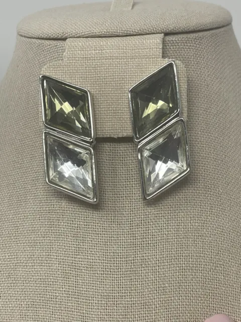Vtg Signed Ben-Amun Big Faceted Rhinestones Green Silver Tone Clip On Earrings