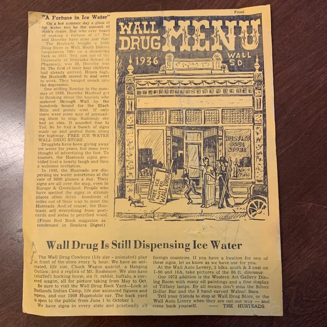 1970S ORIGINAL VINTAGE Menu WALL DRUG STORE Cafe Restaurant Wall South