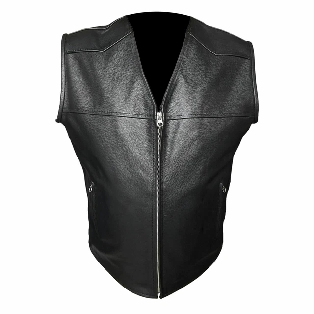 Uomo Stile Biker Gilet Vero pelle di Mucca Nero Moto