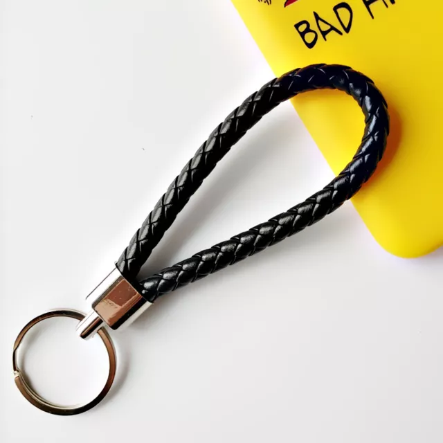 Braided PU Leather Cord Keychain Strap Key Holder Weave Rope Car Keyring Black