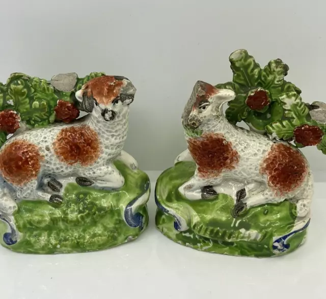 Pair Antique Victorian Stffordshire Pottery Sheep/Ewe Hollow Figures-7.5cm A/F