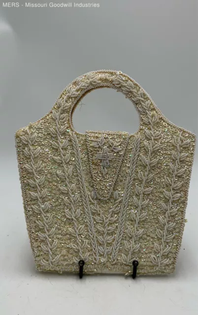 White Sequined Beaded Tote Bag Purse