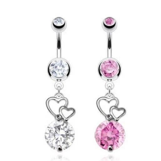 Double Hearts Huge Cz Gem Belly Navel Ring Dangle Button Piercing Jewelry B677