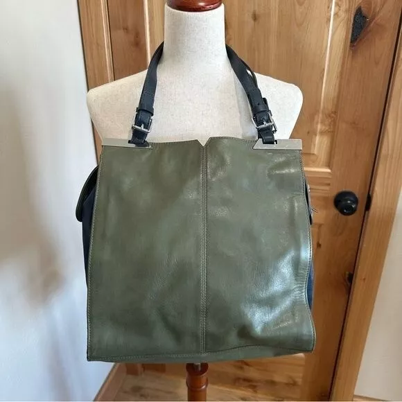 Vince Camuto Gray Green Genuine Leather Suede Lined Tote Shoulder Bag Purse