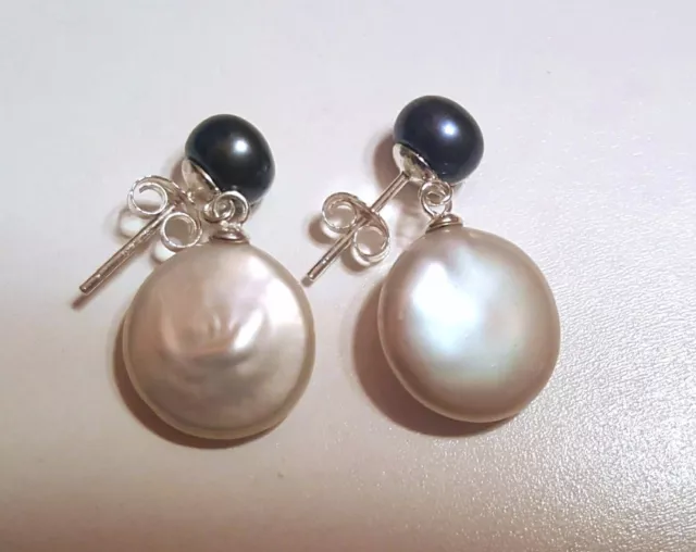 12-13mm Black and White Coin Pearl Dangle Earrings Sterling Silver Butterfly Bac