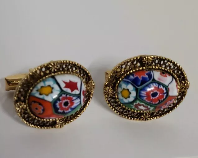 1950s Harvey Avedon Cufflinks Unisex Enamel Mosaic Set In Gold Plate Filigree