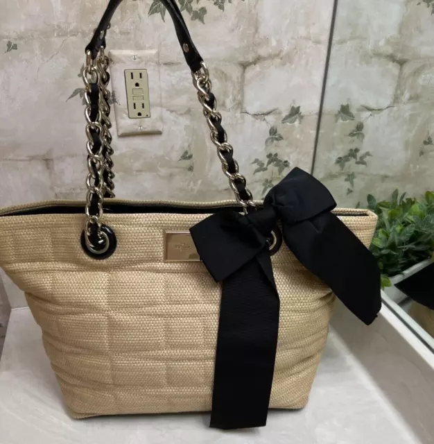 Kate Spade New York Signature Woven Tan Straw Coal Tote Bag with Bow