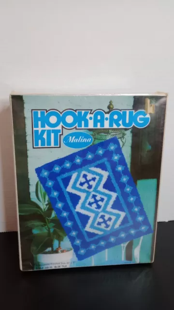 Vintage Hook A Rug Kit by Malina 20" x 27" Blue Tile Nautical Style 25-12