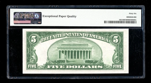DBR 1934-A $5 Silver Gem Fr. 1651 JA Block PMG 66 EPQ Serial J38366336A 2