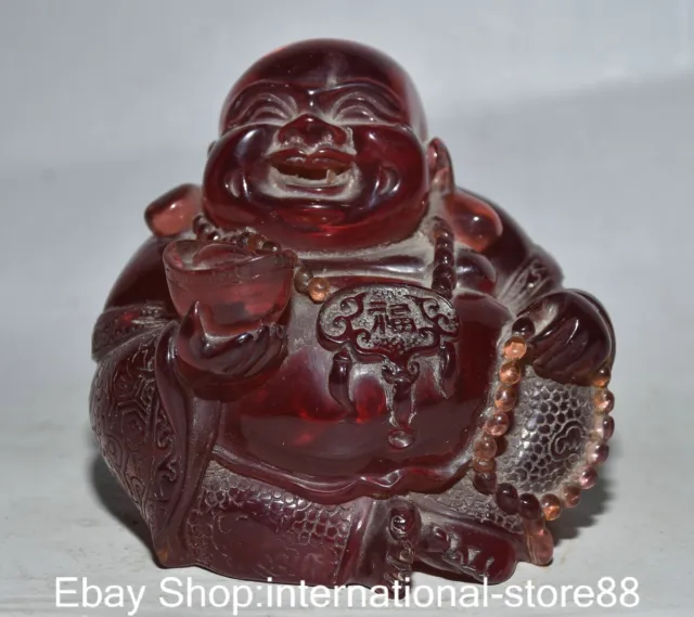 4.4" Old Chinese Red Amber Carving Feng Shui Happy Laugh Maitreya Buddha Statue