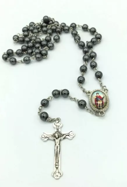 St. Saint Expedite San Expedito  Rosary Hematite Beads Necklace Prayer Card