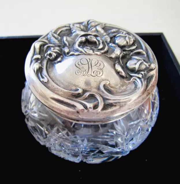 Antique Victorian  STERLING SILVER Lidded Cut Crystal Dresser Powder Jar 22.6 gm