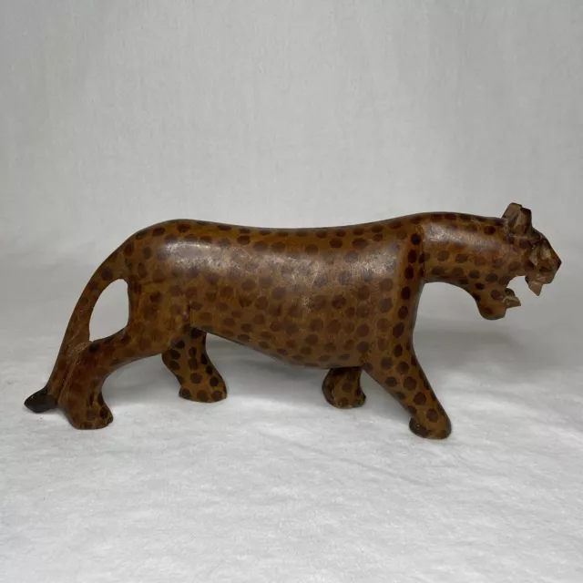 Hand Carved Spotted Leopard Figurine Wooden 9.5"