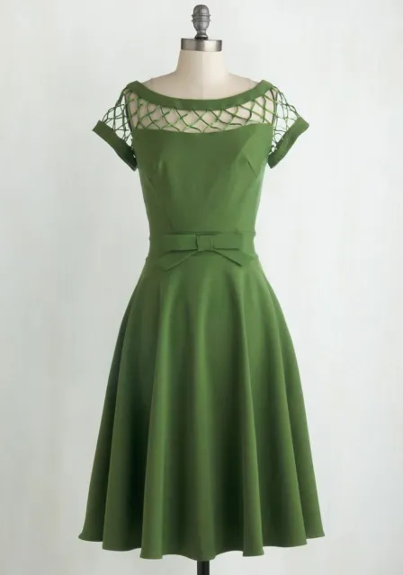 Modcloth Tatyana Alika With Only a Wink A-Line Lattice Bow Dress L Peridot Green