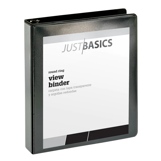 Just Basics Basic View 3-Ring Binder, 1 1/2" Round Rings, Black