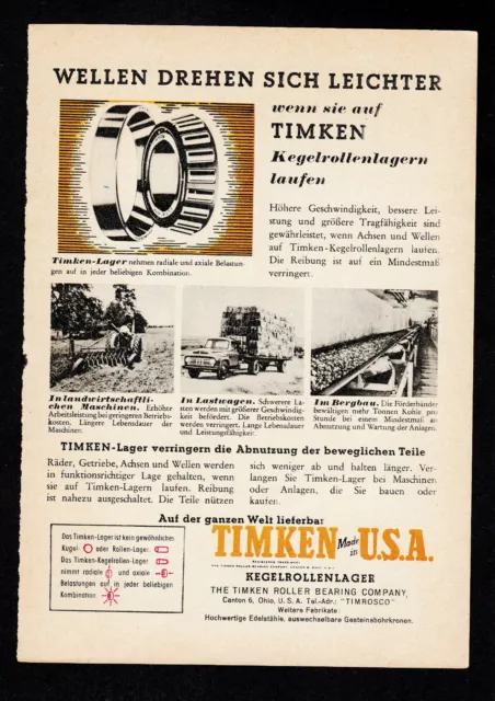 3w4532/ Alte Reklame von 1954 – Kegelrollenlager TIMKEN – Made in USA