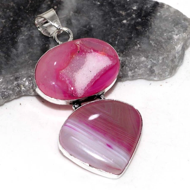 925 Silver Plated-Botswana Agate Ethnic Genstone Pendant Jewelry 2.1" JW