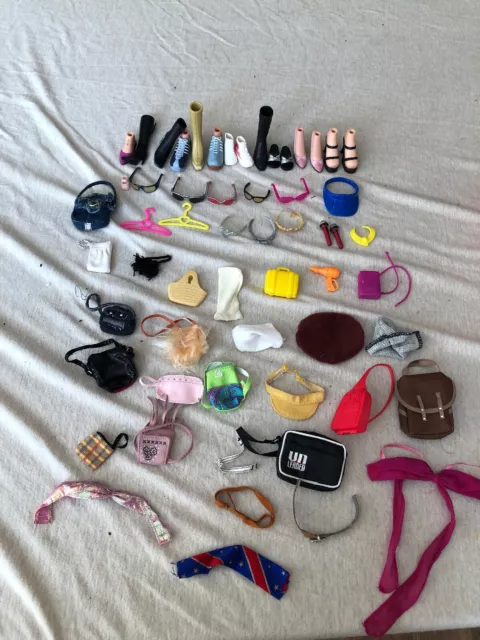 Barbie Doll Accessories Lot Of 58 Boots, Tiaras, Mics, Glasses, Belts Bags