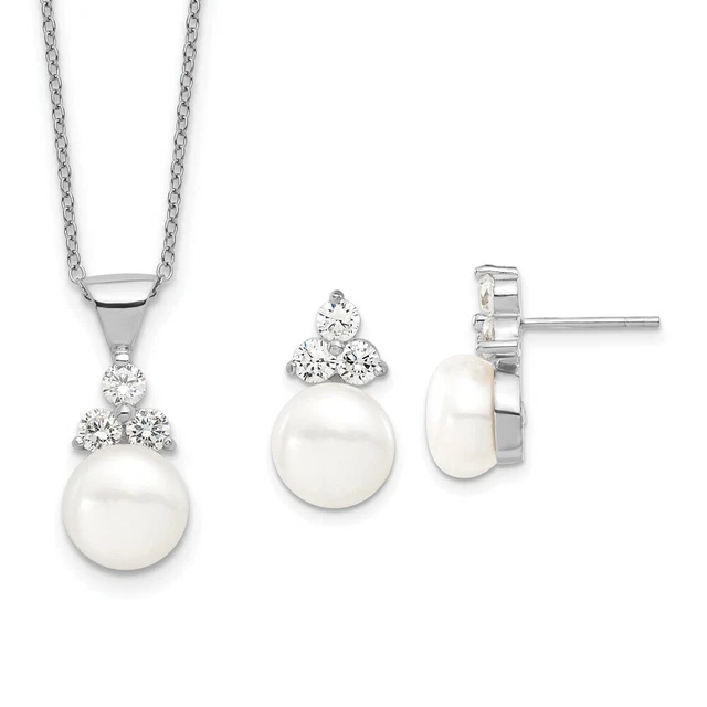 925 Sterling Silver 9 10mm Coin Freshwater Cultured Pearl Cubic Zirconia Cz