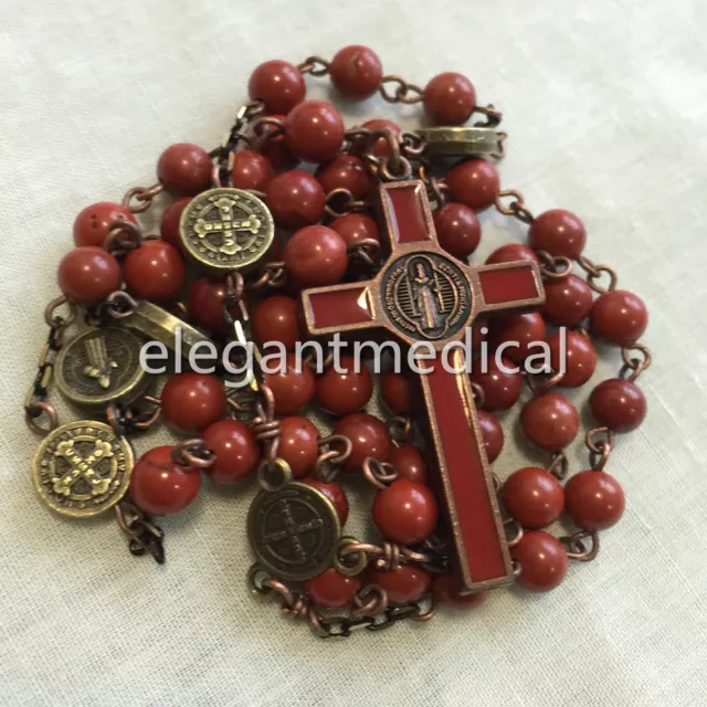Red Carnelian beads Vintage Catholic St. Benedict 5 DECADE Rosary Cross Necklace