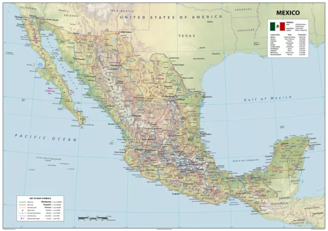 Mexico Physical Map - 61 x 43.1 cm – Paper Laminated