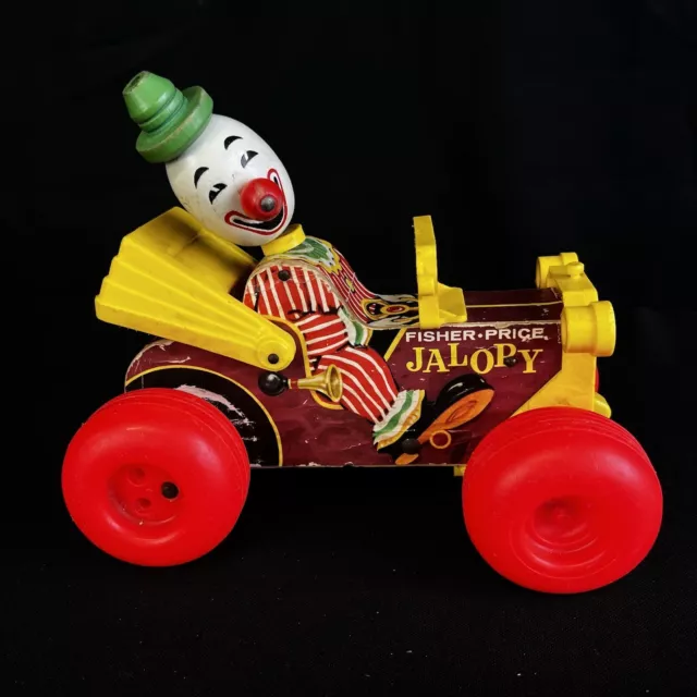 Vintage 1965 Fisher Price Jolly Jalopy Circus Clown Pull Toy #724 Wooden