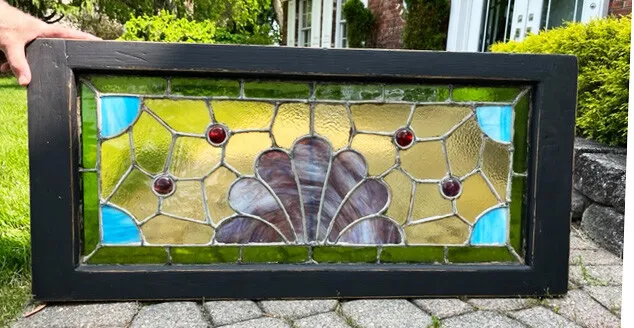 antique Victorian STAINED Leaded GLASS  TRANSOM Window w/ JEWELS