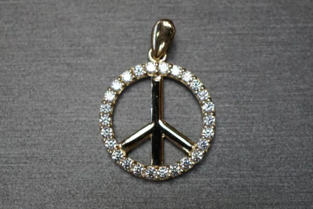 14K Solid Yellow Gold Round 0.8" Peace Sign With CZ Charm Pendant.