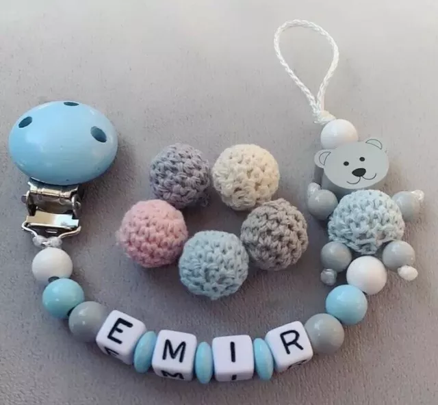 Schnullerkette mit Namen ♥ Junge ♥ Häkelperle & Teddy Bär ★ Blau Grau