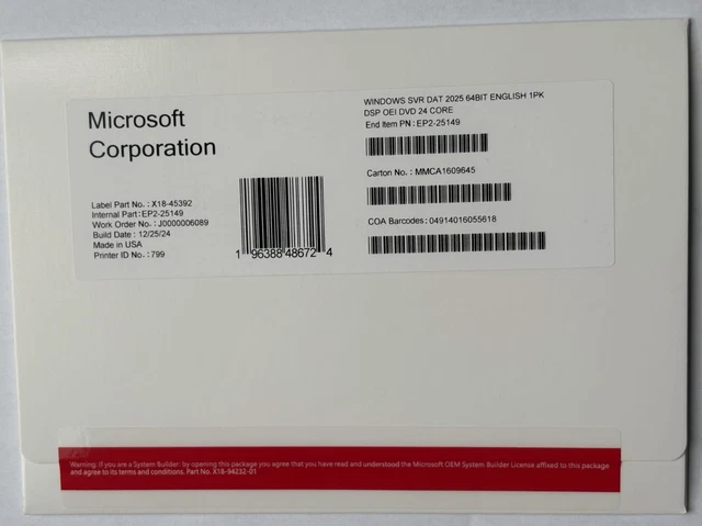 MICROSOFT WINDOWS SERVER 2025 Datacenter 64Bit 24 Core DVD&key New ...