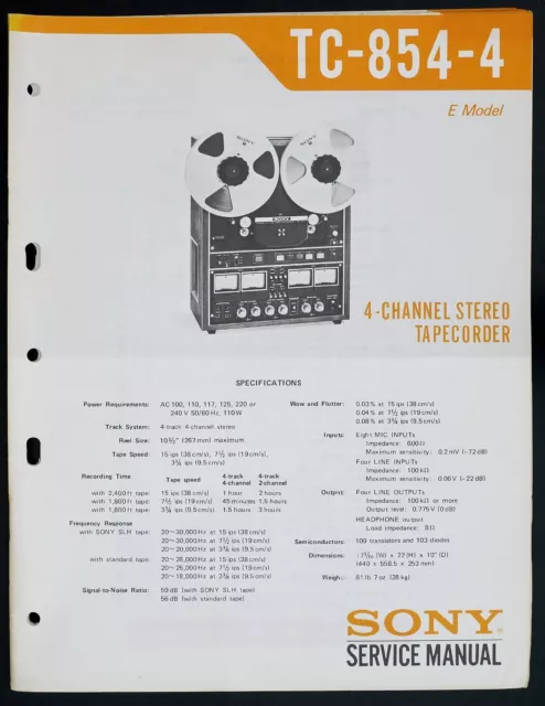 Original SONY TC-854-4 Tonbandgerät Service-Manual/Diagram/Parts List TOP o130