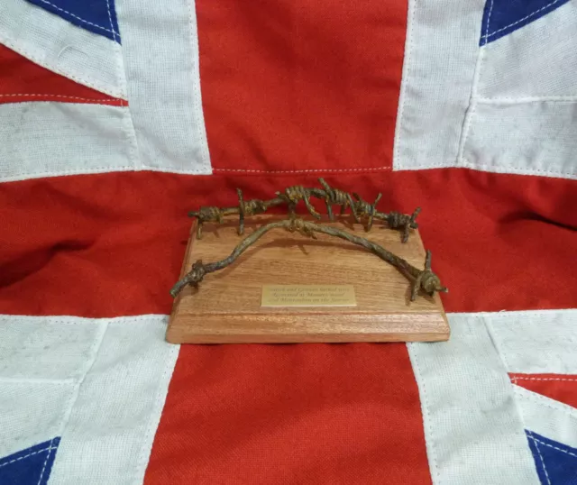 WW1 Somme British & German barbed wire - Trench art displayed on a hardwood base