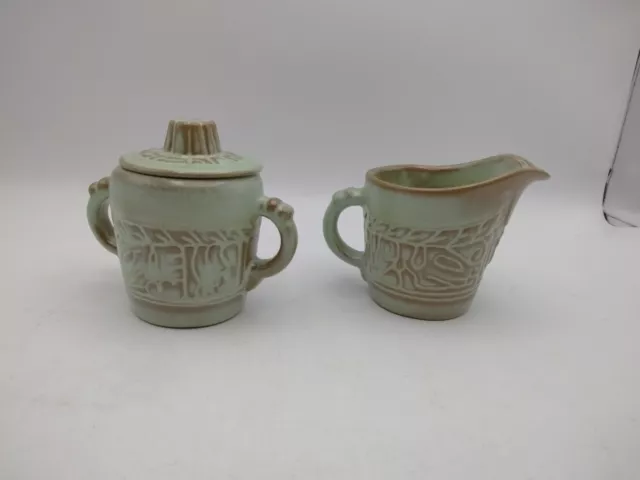 Vintage Frankoma Pottery Mayan Aztec Prairie Green Creamer 7A & Lidded Sugar 7B