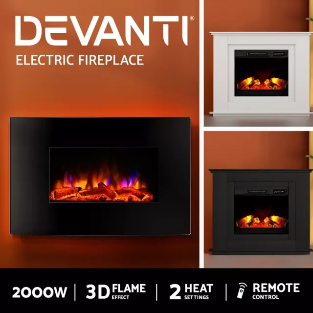 Devanti 2000W Electric Fireplace Mantel Fire Heater 3D Log Flame Effect Portable