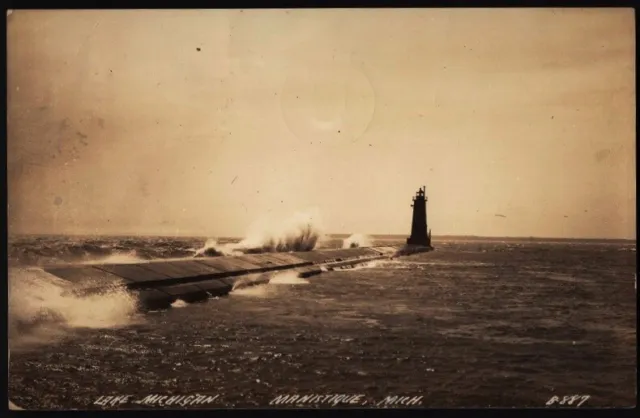 MANISTIQUE BREAKWATER WITH LIGHT Michigan  RPPC posted in 1941