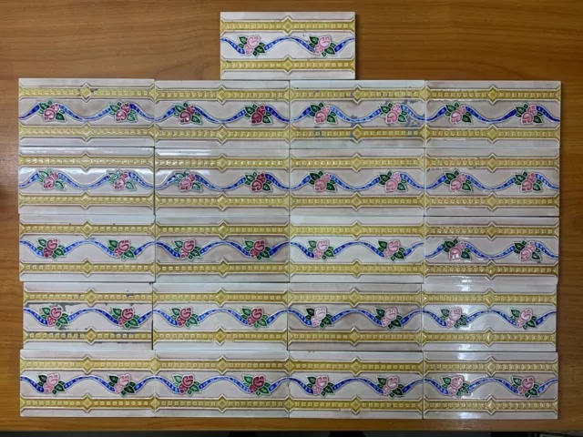 JAPAN RARE Art Deco NOUVEAU MAJOLICA TILES 6X3 INCH 21 PCS ANTIQUE VINTAGE